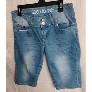 Gogo Jeans 7/28 Mid Rise Bermuda Blue Women's Denim Shorts Distressed
